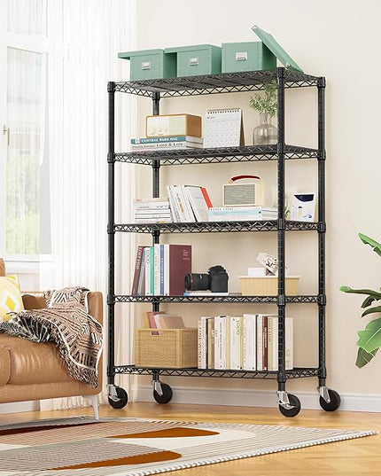 5-Shelf Storage Shelves,Wire Shelving Heavy Duty Metal Storage Shelving Unit Adjustable Garage Shelving Rack Pantry Kitchen (Black, 5 Tier,17.7" D x 47.2" W x 76.7" H)