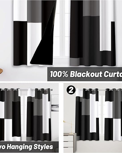Black Grey 100% Blackout Curtains 52 inch Length 2 Panels Set White Grey Modern Abstract Geometric Drapes for Kitchen Black Out Curtains Insulated Room Darkening Small Window Curtains, 52Wx45L