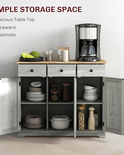 HOMCOM Sideboard with Solid Wood Countertop, Modern Kitchen Storage Cabinet, Coffee Bar Cabinet with 3 Drawers, Doors and Adjustable Shelf, Distressed Light Gray