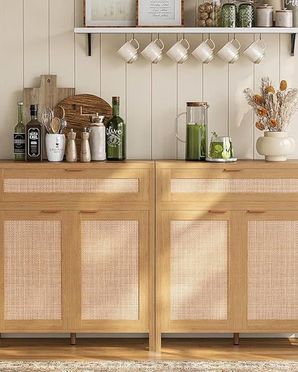 YOUDENOVA 60.3" Sideboard Buffet Cabinet, Rattan Storage Cabinet with 4 Doors & 2 Drawers, Boho Kitchen Cupboard Console with Adjustable Shelves for Dining Room, Living Room, Natural Oak