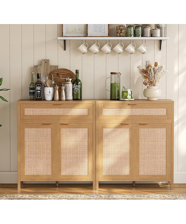 YOUDENOVA 60.3" Sideboard Buffet Cabinet, Rattan Storage Cabinet with 4 Doors & 2 Drawers, Boho Kitchen Cupboard Console with Adjustable Shelves for Dining Room, Living Room, Natural Oak