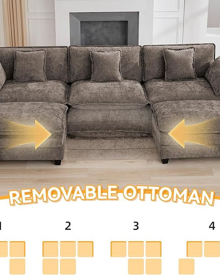 111'' Sectional Cloud Deep Seat Couch, Oversized Chenille U Shaped Sectional Sofa for Living Room Set, Comfy Upholstered Modular 3-Seats Sectional Sofa Couch with 2 Movable Ottoman, Brown