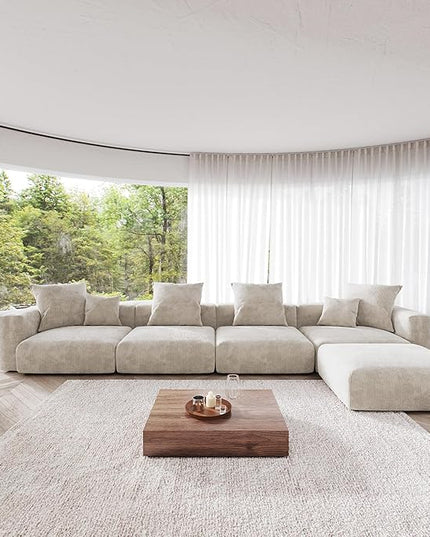 JACH 181" Oversized Modular Sectional Sofa, Deep 4-Seats Sectional Couch with Chaise Ottoman, Huge Plus Convertible Soft Sofas, Corduroy Minimalist Couches for Living Room, Office, Apartment, Beige