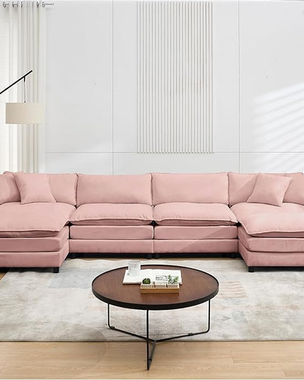 Modular Sectional Sofa,143.31'' Modern Sofa Sleeper Couch,Comfy Cloud Couches with 4 Seat & 2 Ottoman & 4 Pillows Sofa Set,Deep Seat Sofa with Movable Ottoman for Living Room,Chenille (Pink, U shaped)