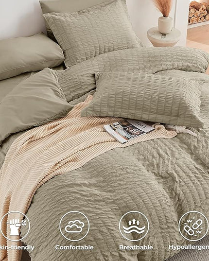 HYMOKEGE Linen King Size Comforter Set Seersucker 7 Pieces, All Season Luxury Bed in a Bag for Bedroom, Bedding Set with Comforter, Sheets, Pillowcases & Shams