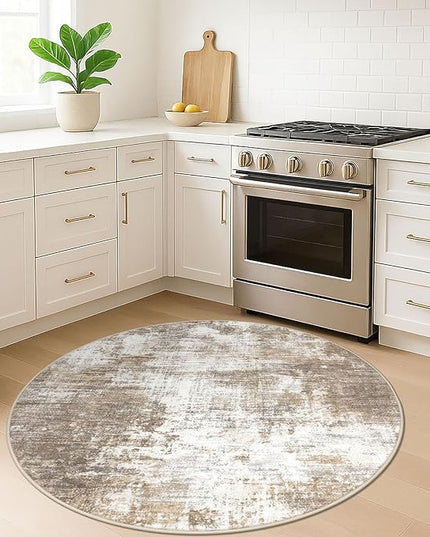 IOHOUZE Round Area Rug 5 Ft Circle Entryway Rugs Round Washable Door Mat Indoor Entrance, Non Slip Circle Front Door Rug, Printed Abstract Faux Wool Floor Carpet for Foyer Porch Sink, Beige Brown
