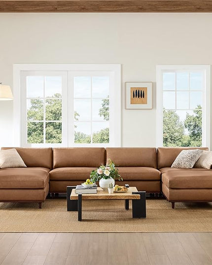 CHITA 153" Super Large Luxury U Shape Convertible Sectional Modular Sofa, Down Filled Modern Sofa, Deep Seat Cloud Couch, 6 Seat Couch with Chaise, 2 Ottomans, Solid Wood Leg, Faux Leather in Camel