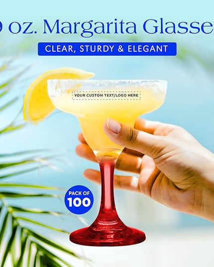 DISCOUNT PROMOS 100 Margarita Glasses Set, 9 oz. - Personalized Text, Logo - Classic, Smooth, Barware, Glassware - Red