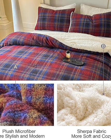 Cyusri Plaid Sherpa Comforter Set 3Pcs Fluffy Warm Fleece Down Alternative, Red Blue Grid Pattern Bedding Set with 2 Pillowcases, King Size 104"x90"