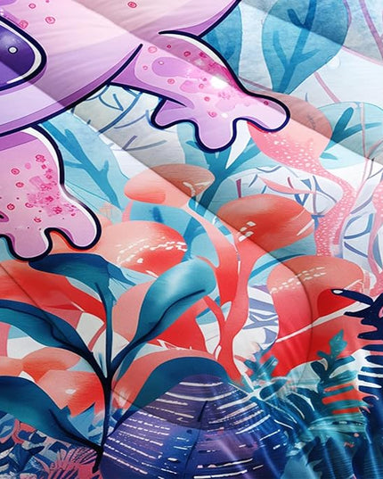 Cute Axolotl Bedding Set Twin Size,Color Axolotl Waterweed Jellyfish Pattern Toddler Bed Comforter Set,Kawaii Ocean Life Bedding Sets for Kids Boys Girls Room Decor with 2 Pillowcases.
