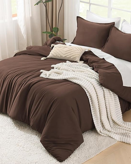 Litanika Brown Comforter Set Full Size, 3 Pieces Lightweight Solid Bedding Comforter Set, All Season Fluffy Bed Set (79x90In Comforter & 2 Pillowcases)