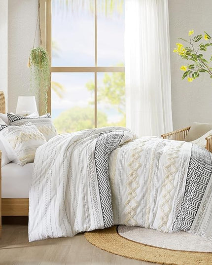 Hyde Lane Farmhouse Bedding Comforter Sets, Ivory Full/Queen Size Boho Bed Set,Cotton Top with Modern Neutral Style Clipped Jacquard Stripes, 3-Pieces Including Pillow Shams (90x90 Inches)