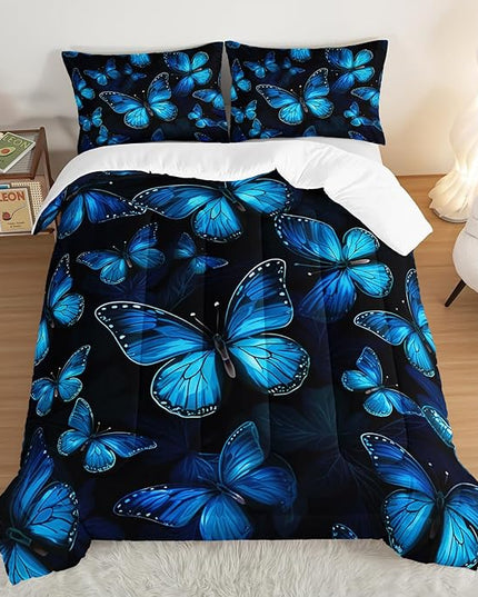 Dream Blue Butterfly Comforter Set Twin Size,Boho Bedding Comforter Sets for Kids Boys Girls Bedroom Decor Aesthetic,Animal Themed Bedding Soft Fluffy Comforter Sets with 2 Pillowcases.