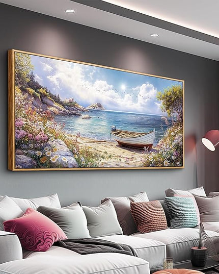 QIYILEXWART Wood Farmed Canvas Wall Art For Living Room Wall Decor For Bedroom Office Wall Decoration The Sea Boat Landscape Painting Farmhouse Pictures Artwork Room Aesthetic Home Decor 20x40 In