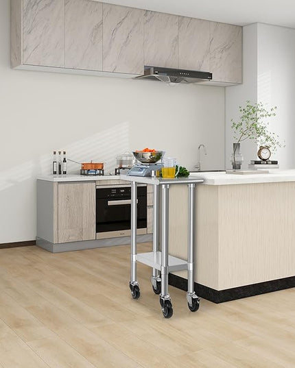 HARDURA Stainless Steel Commercial Work Table with Wheels Prep & Work Metal Table 24×12 Inches Heavy Duty NSF with Casters and 2" Backsplash