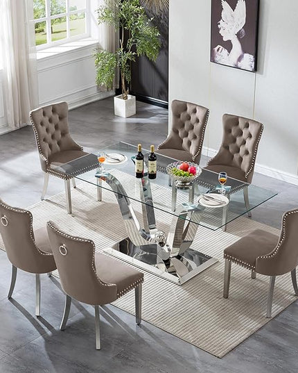 7-Piece Glass Dining Table Set w/6 Gray Upholstered Dining Chairs, 70in Rectangular Large Kitchen Table Set for 6, Glass and Silver Dining Table and Chair Set for 6