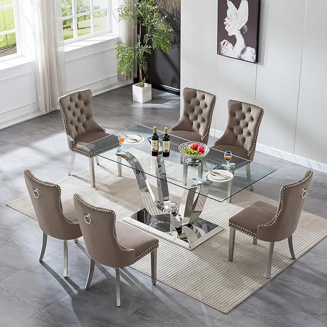 7-Piece Glass Dining Table Set w/6 Gray Upholstered Dining Chairs, 70in Rectangular Large Kitchen Table Set for 6, Glass and Silver Dining Table and Chair Set for 6