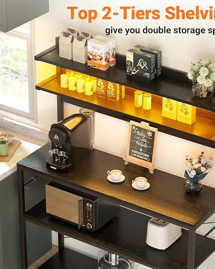 Aheaplus Bakers Rack with Power Outlet, Microwave Stand, 5 Tiers Coffee Bar Station with Led Lights, Kitchen Storage Shelf with 6 S-Shaped Hooks, Kitchen Rack Coffee Bar Stand, Black