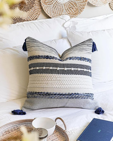 BlissBlush Navy Dark Blue Boho Throw Pillow Cover 22x22 Grey Decorative Accent Pillow for Couch Square Woven Textured Pillowcase Modern Boho Pillow for Bed, Bohemian Pillow Cover (Pack of 1)