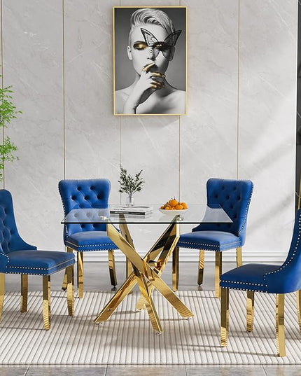 Glass Dining Table Set for 4, Square 36" Dining Table with Gold Cross Metal Leg, 4 Blue Velvet Dining Chairs with Stainless Steel Legs, Modern Glass Kitchen Table and Chairs Set for Small Space