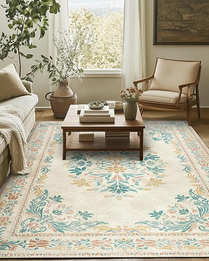 jinchan Floral 4x6 Area Rugs for Nursery - Machine Washable Vintage Distressed Design Soft Ultra-Thin Low-Pile Non-Slip Kids Carpet for Bedroom Living Room Dining Room Home Office (4x6ft, Apricot)
