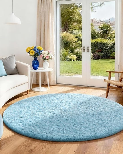 Ophanie Round Rug 4Ft Light Blue Circle Area Rugs, Fluffy Fuzzy Small Bedroom Carpet 4 Foot, Plush Shag Floor Living Room Christmas Circular Aesthetic Home Decor for Kids Teen Boys Baby, Nursery