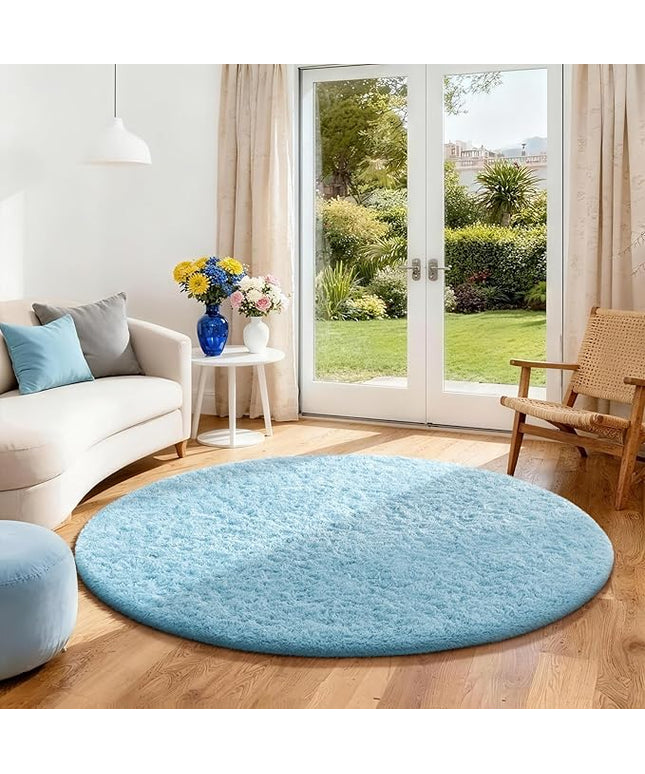 Ophanie Round Rug 4Ft Light Blue Circle Area Rugs, Fluffy Fuzzy Small Bedroom Carpet 4 Foot, Plush Shag Floor Living Room Christmas Circular Aesthetic Home Decor for Kids Teen Boys Baby, Nursery
