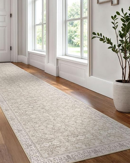 2.6x12 Washable Runner Rug for Kitchen, Cream Beige White Grey Soft Classic Runner with Non-Slip, Non-Shedding Distressed Floral Rug for Hallways Entryway Bedroom Laundry Indoor