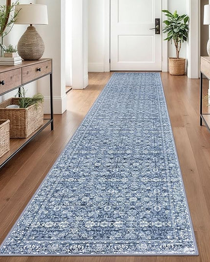 2.6x14 Runner Washable Rug for Kitchen, Blue Soft Classic Runners with Non-Slip, Non-Shedding Distressed Floral Rug for Hallways Entryway Bedroom Bathroom Laundry Indoor
