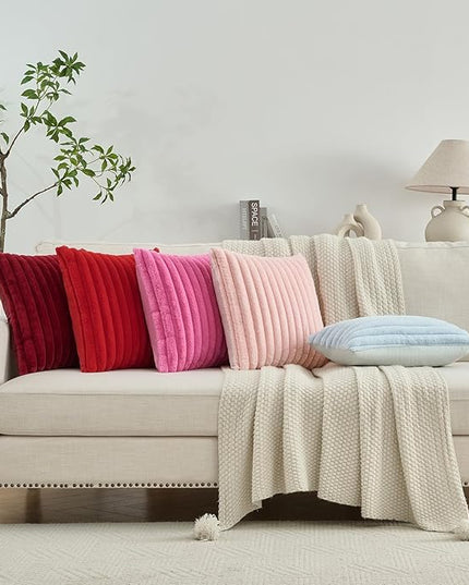 FUTEI Camel Throw Pillow Covers Set of 2, 18x18 Inch Striped Texture Cushion Cases with Soft Faux Rabbit Fur Front & Velvet Back, Modern Decorative Couch Pillows for Living Room