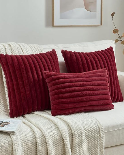 FUTEI Christmas Burgundy Throw Pillow Covers Set of 2, 12x20 Inch Striped Texture Lumbar Pillow Cases with Soft Faux Rabbit Fur Front & Velvet Back, Modern Decorative Couch Pillows for Living Room