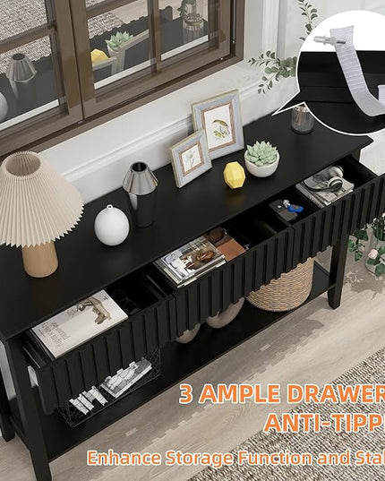 LAZZO Painted Wood Console Table Narrow Long Sofa Table Modern Behind Couch Table Fluted Entryway Table with 3 Drawers and Open Storage Shelf for Living Room, Foyer and Hallway Black (Black, 1 Tier)