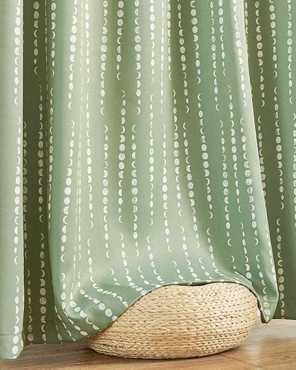 jinchan 95% Blackout Bohemian Moon Phase Print Bedroom Curtains 63 inch Length sage Green Pole Mouth Rear Label Heat Insulated Curtains for Nursery Curtain Set 2 Panels