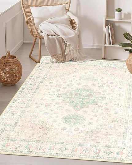 MUJOO 3x5 Rug Washable,Boho Area Rug for Bedroom Entryway Living Room Bathroom,Small Non Slip Indoor Throw Carpet Low Pile Light Pink and Green