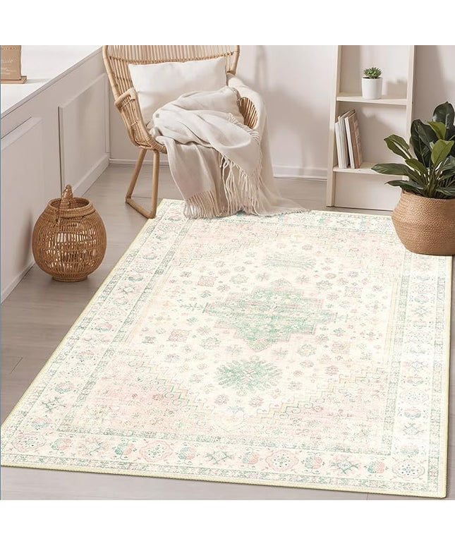 MUJOO 3x5 Rug Washable,Boho Area Rug for Bedroom Entryway Living Room Bathroom,Small Non Slip Indoor Throw Carpet Low Pile Light Pink and Green