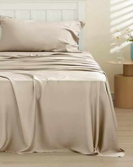 Bedsure Cooling Sheets Twin, Rayon Derived from Bamboo, Cooling Sheets, Breathable & Soft, Deep Pocket Up to 16 Inches, Hotel Luxury Silky Bedding for Hot Sleepers, Beige