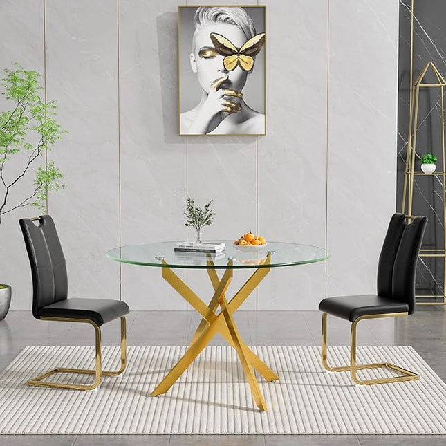HomVent 3 Piece Round Glass Dining Table Set, Round Glass Kitchen Table Set for 2 with 2 PU Upholstered Dining Chairs for Kitchen Dining Room