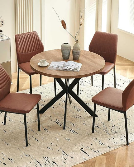 37" Round Dining Table Set for 4, Mid Century Modern Small Coffee Set for Dining Room Kitchen Apartment (Walnut Table + 4 PU Leather Brown Chairs)
