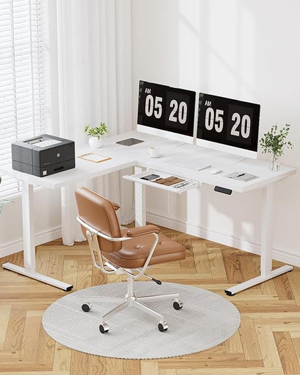 FLEXISPOT L Shaped Standing Desk, 63 x 55 Inch Electric Height Adjustable Corner Desk, Sit Stand Computer Workstation, Preset Controller, Home Office, White Frame with White Top, White Drawer