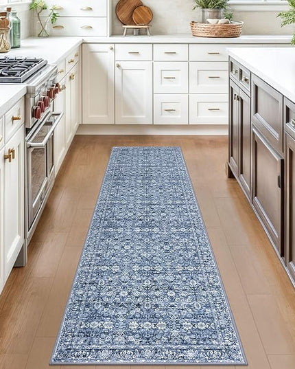 2x7 Runner Washable Rug for Hallways, Blue Soft Classic Kitchen Rugs with Non-Slip, Non-Shedding Distressed Floral Rug for Hallway Entryway Bedroom Bathroom Laundry Indoor