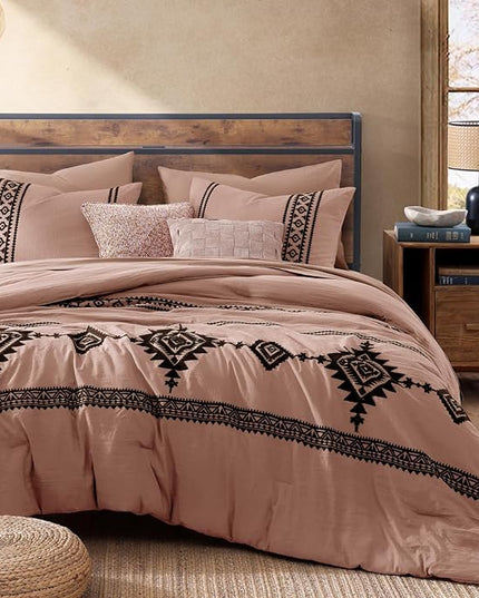 MaiRêve Embroidery Comforter Set, Boho Farmhouse Western Bedding Set, All Season Bed in A Bag Comforter Set with Sheets, Pillowcases & Shams, Dusty Pink King 7 Pieces