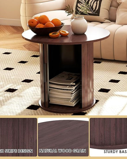 COSVALVE Round Wood Coffee Table 23.6IN with Hidden Storage & Sliding Door, Circle Farmhouse Side Table Sets for Living Room, Bedroom, Balcony, Small Spaces, Walnut