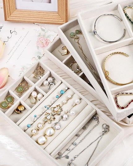 Stackable Jewelry Organizer Trays with Removable Dividers, 6-Tray Beige Jewelry Drawer Organizer Set for Earrings, Necklaces, Rings & Bracelets Gift for Her