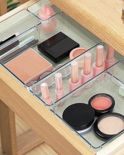 10 PCS Drawer Organizer Set, 4 Varied Size Bathroom and kitchen Drawer cabinet organizer Trays, Clear Storage Bins for Makeup, Jewelry, Utensils and Gadgets