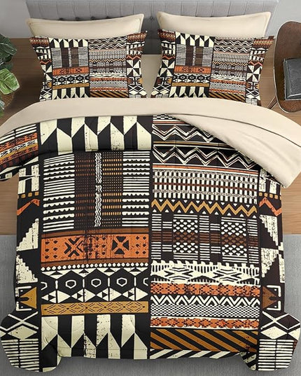 Comforter Set Twin Size, Vintage Tribal African 5 Pcs Bedding for Kids and Adults, Brown Abstract Patchwork Bed Sheet Sets with Fitted Sheet Pillowcase & Sham
