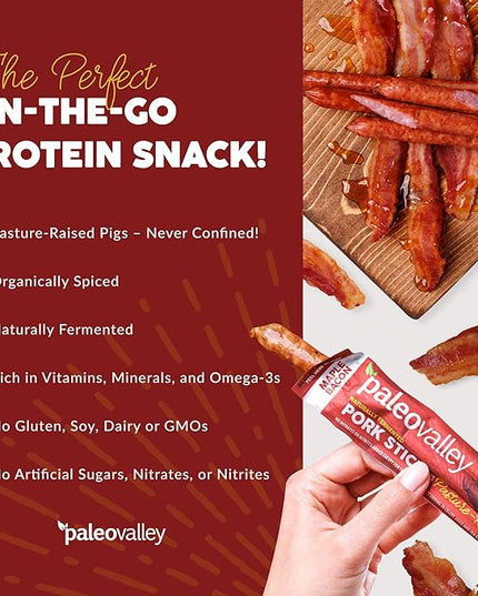 Paleovalley Pasture-Raised Pork Sticks - Maple Bacon Flavor Meat Sticks Individually Wrapped, 28g - 10 Sticks - Gluten-Free Protein Snack