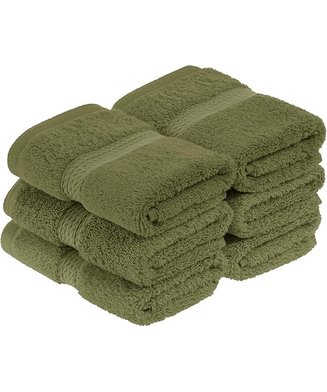 Superior Egyptian Cotton Pile Face Towel/Washcloth Set of 6, Ultra Soft Luxury Towels, Thick Plush Essentials, Absorbent Heavyweight, Guest Bath, Hotel, Spa, Home Bathroom, Shower Basics, Forest Green