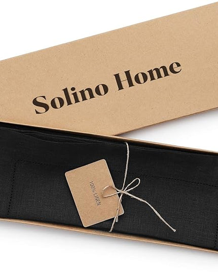 Solino Home Linen Placemats Set of 4 - Classic Hemstitch Black Placemats 14 x 19 Inch - 100% Pure Linen Table Mats for Winter, Holiday, Christmas, New Year