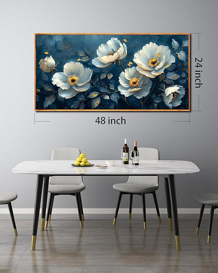 Ouzzlie White Floral Canvas Wall Art for Bedroom Large Blue Wall Decor Plant Picture Artwork 24" x 48"