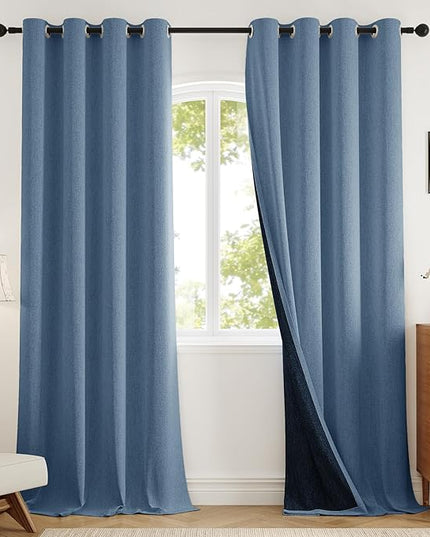 100% Blackout Extra Long Curtains 120 inch Length 2 Panels for Living Room, Linen-Look Textured Room Darkening Thermal Insulated Noise Reduction Drapes for Bedroom (W52xL120, Blue)